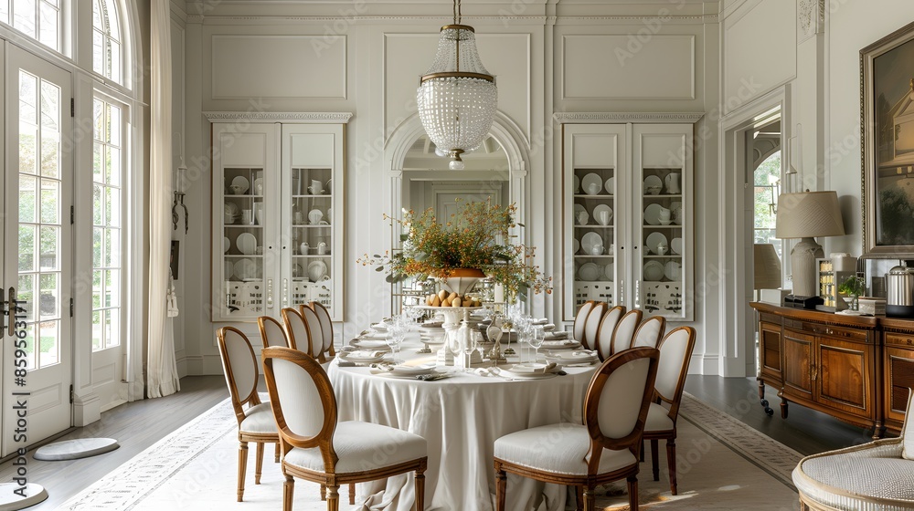 Obraz premium Elegant dining room with a large table set for a luxurious meal, showcasing ornate decor and classical architecture. 