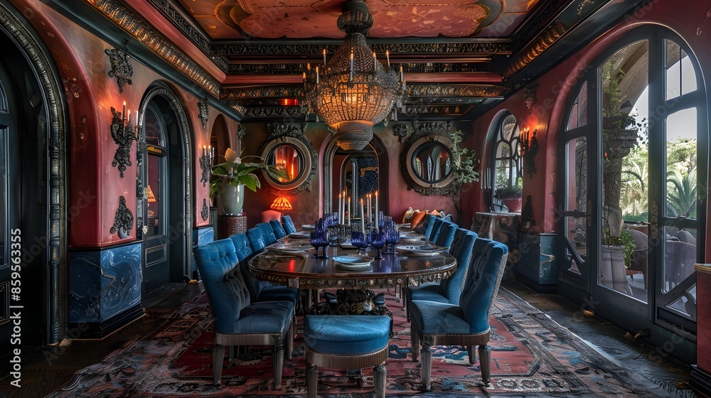 An opulent dining room with rich red walls, a grand chandelier, and luxurious blue chairs set for an elegant meal under warm lighting. An opulent dining room with rich red walls, a grand chandelier, and luxurious blue chairs set for an elegant meal under warm lighting.