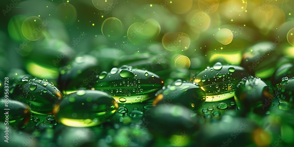 Green wellness supplements with water drops on a textured surface