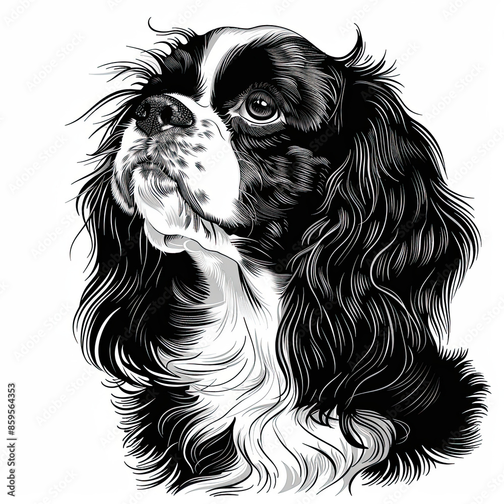 A black and white drawing of a Cavalier King Charles Spaniel dog A black and white drawing of a Cavalier King Charles Spaniel dog