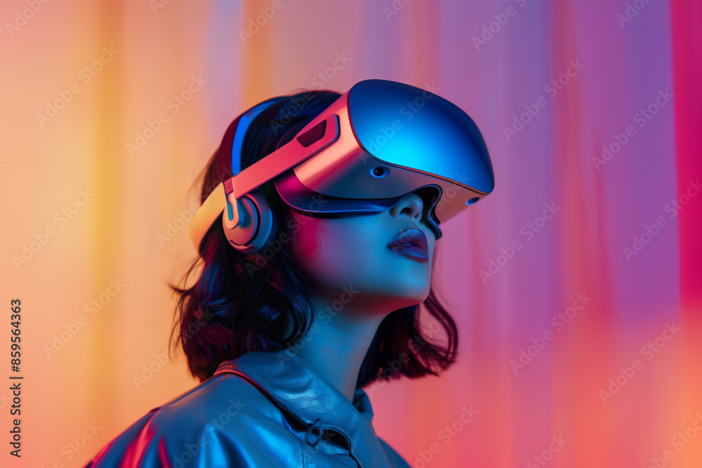 A close up of a young attractive woman wearing a VR virtual reality silver headset against a colorful background A close up of a young attractive woman wearing a VR virtual reality silver headset against a colorful background