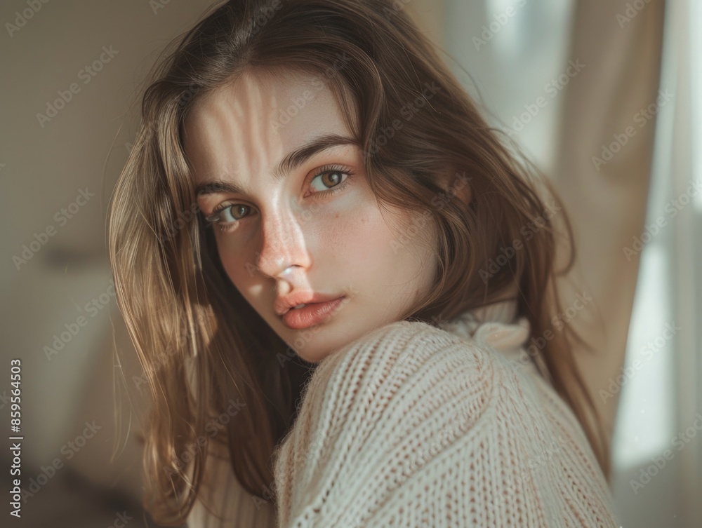 A woman with long brown hair wearing a white sweater A woman with long brown hair wearing a white sweater