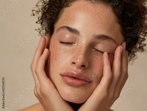 A portrait of woman with closed eyes, gently touching her face and neck in front of a beige background.
