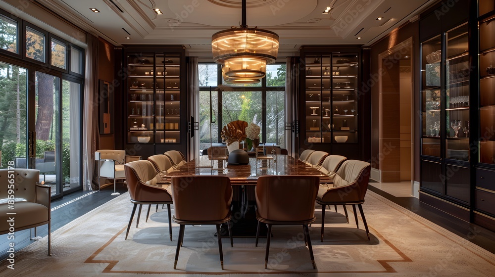 Elegant and modern dining room interior with a large wooden table, comfortable chairs, and sophisticated decor under warm lighting. Elegant and modern dining room interior with a large wooden table, comfortable chairs, and sophisticated decor under warm lighting.