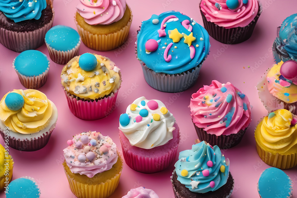 Multicolored cupcakes on a powder pink background Multicolored cupcakes on a powder pink background