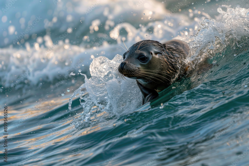 Obraz premium A seal pup rides a wave, gliding effortlessly over the ocean surface