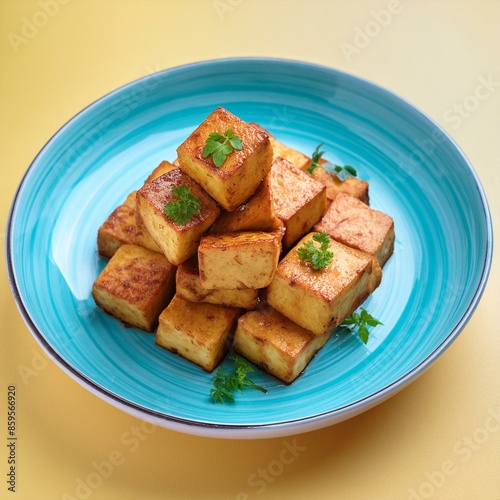 Indian delicious roasted cottage cheese cubes also called fried paneer on yellow background