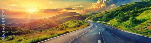 Asphalt highway road and green mountain with sky clouds and sunlight in the background. Free Copy space for text.