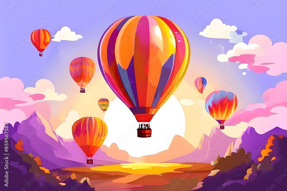 Obraz premium A vibrant illustration of hot air balloons soaring over a picturesque landscape at sunrise. The balloons, in bold hues of orange, red, and purple, contrast beautifully with the warm golden light .