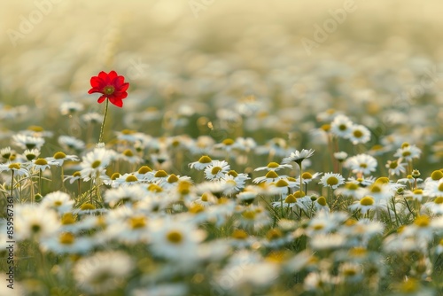 Bright red flower among white flowers in a field of wildflowers, concept of diversity and uniqueness