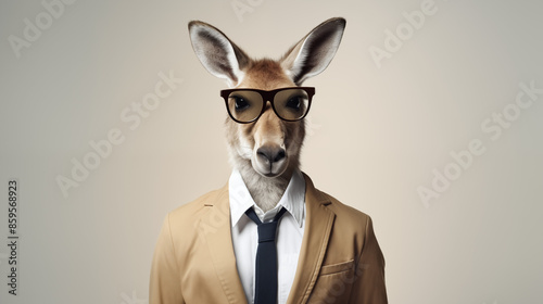 Kangaroo wearing sunglasses with suit and tie on grey background © MuhammadMuneeb