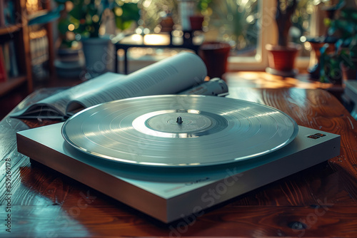 Silver vinyl record in the center of a table, with an open book beside it,