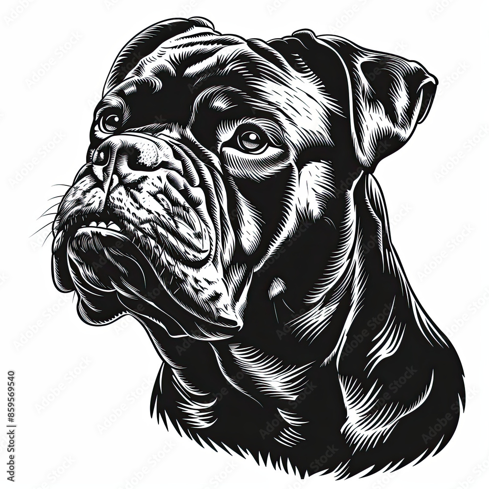 A black and white drawing of a bulldog dog A black and white drawing of a bulldog dog