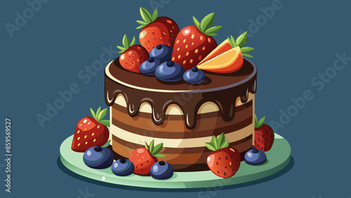 A layered chocolate cake with strawberry slices and blueberries on top, drizzled with chocolate ganache