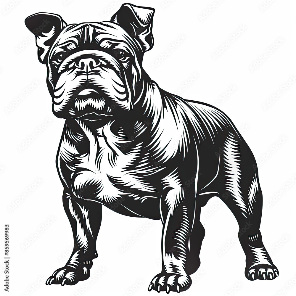 A black and white drawing of a bulldog dog A black and white drawing of a bulldog dog