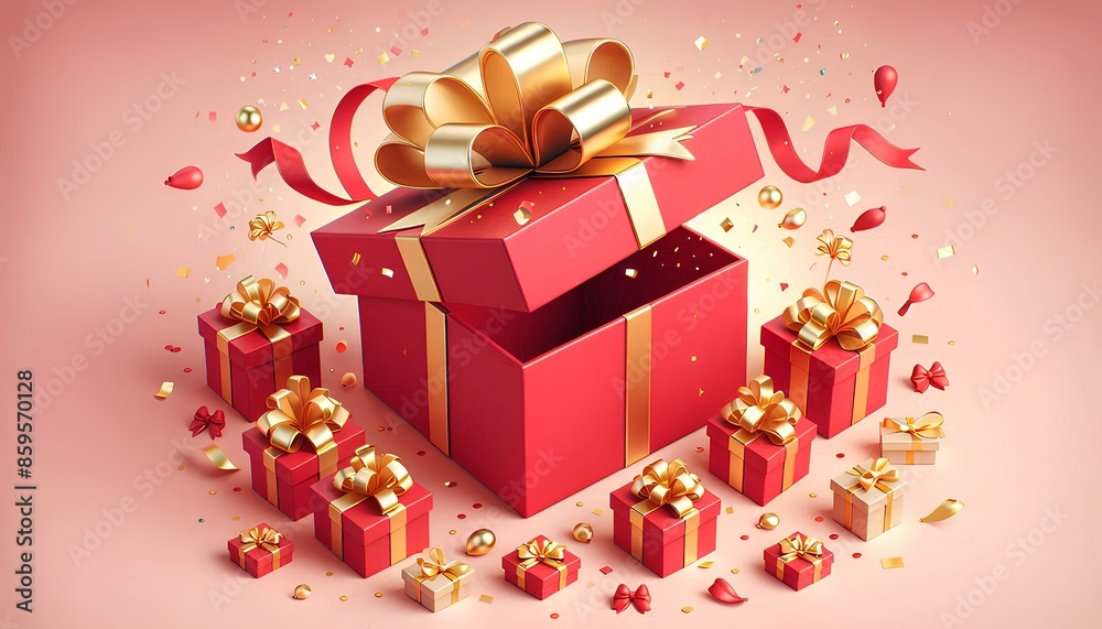 3D, A red gift box with a golden bow is open with confetti spilling out of it. The background is pink.
