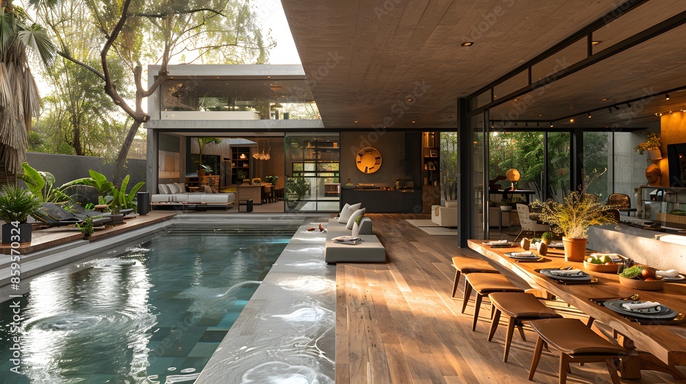 Fototapeta premium A modern luxury house interior seamlessly blends with an outdoor pool area understated by lush greenery and elegant furniture design. 