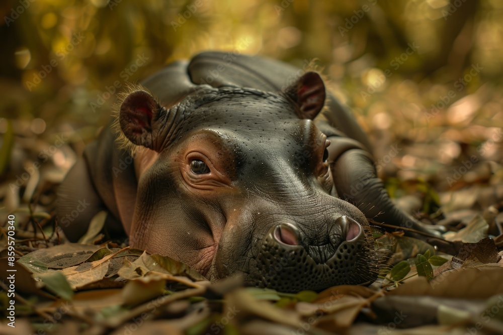 Newborn hippopotamus, new life and family concept