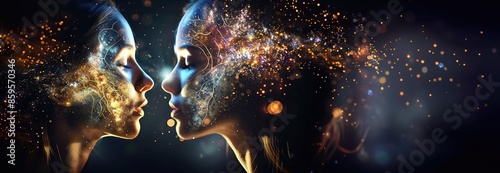Two woman heads facing each other, black background. Superimposition of lights, swirls, cosmos. Concept of empathy, cosmic love, empathy, compassion, spiritual wholeness. Twin souls, flames.