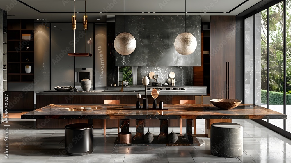Modern and elegant kitchen interior with dining area and luxurious finishes. Modern and elegant kitchen interior with dining area and luxurious finishes.