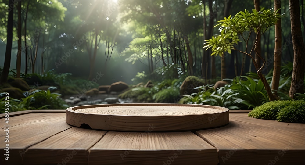 Zen garden forest style background with platform for product display promotion Zen garden forest style background with platform for product display promotion