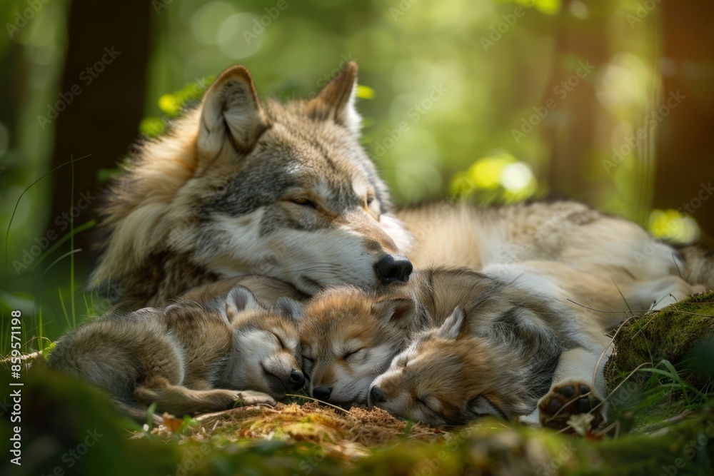 Obraz premium Mother wolf with her newborn cubs together, new life and family concept