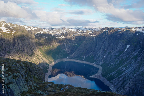 Mountainscape landscape hiking to Trolltunga in Norway.