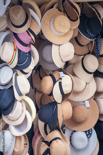 Sun hats for sale in outdoor market 