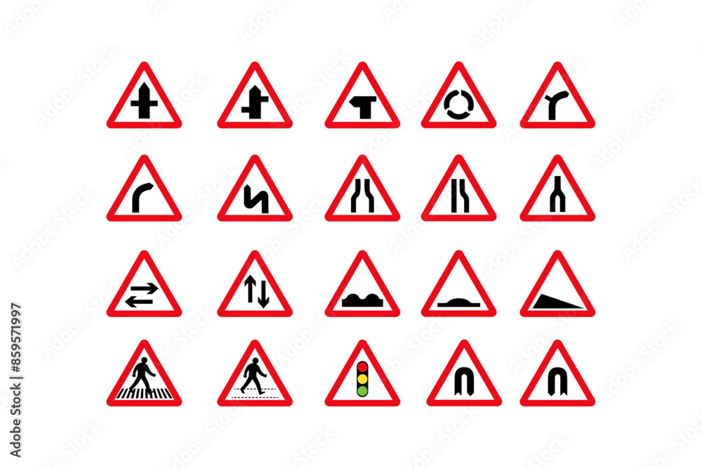 a collection of road traffic warning signs. isolated vector illustration of signs on roads. a collection of road traffic warning signs. isolated vector illustration of signs on roads.