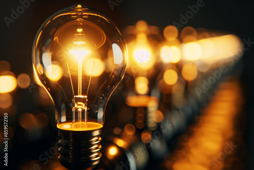 A close-up photo of a light bulb glowing warmly in the dark with a group of other ones in the background