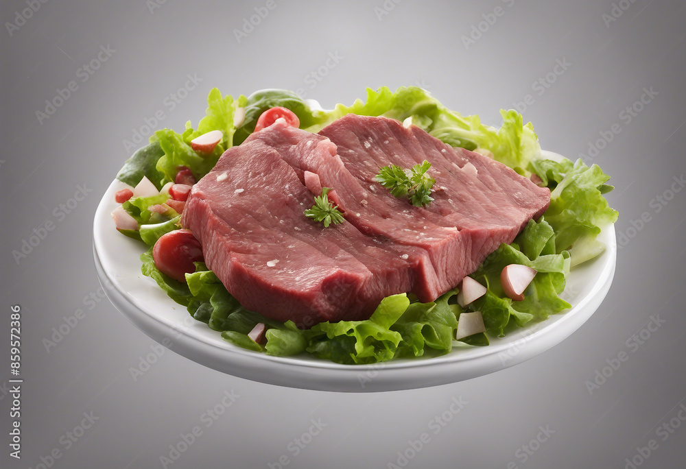 Collection of Falling steak salad ingredients sliced beefsteak food packaging concept isolated on a