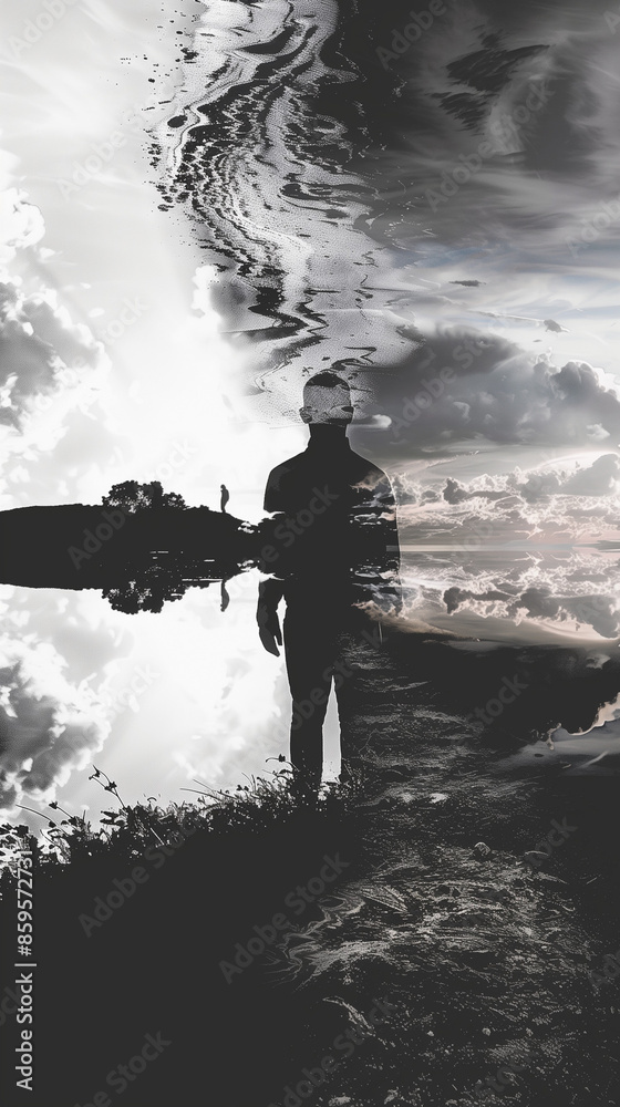 Fototapeta premium Monochrome Abstract Silhouette in Distorted Landscape Representing Depression