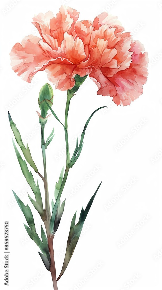 A delicate watercolor illustration of a blooming pink carnation flower with green stem and leaves, isolated on white background. A delicate watercolor illustration of a blooming pink carnation flower with green stem and leaves, isolated on white background.
