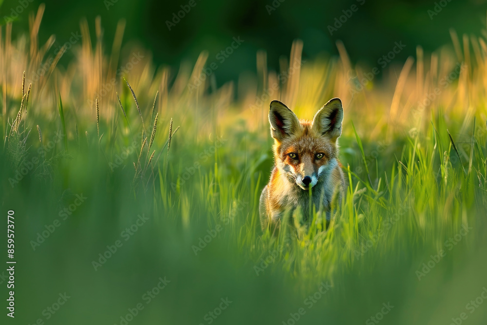 A fox prowls through tall grass, body low and eyes sharp, hunting prey A fox prowls through tall grass, body low and eyes sharp, hunting prey