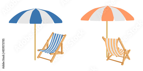 beach chair and umbrella vector set, deck chair front view and side view. vector illustration isolated on white background.