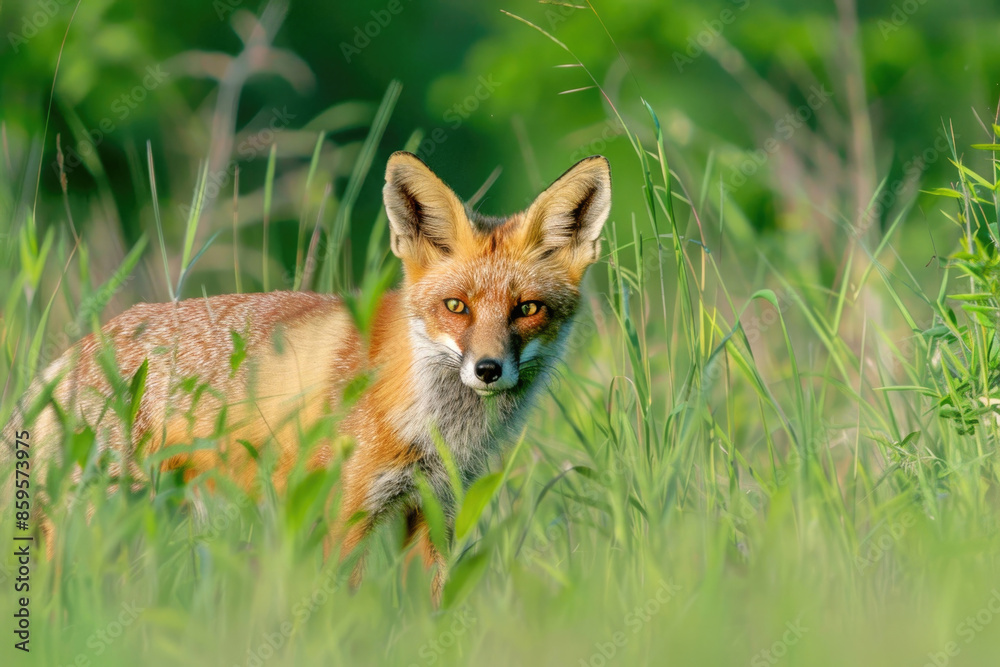 Fototapeta premium A fox prowls through tall grass, body low and eyes sharp, hunting prey