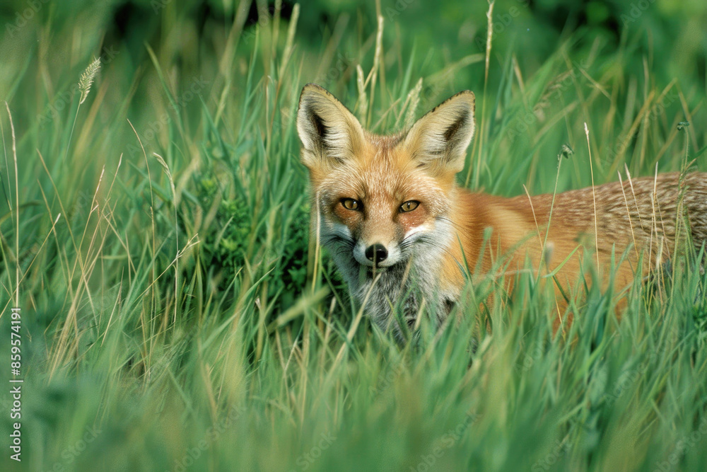 A fox prowls through tall grass, body low and eyes sharp, hunting prey A fox prowls through tall grass, body low and eyes sharp, hunting prey
