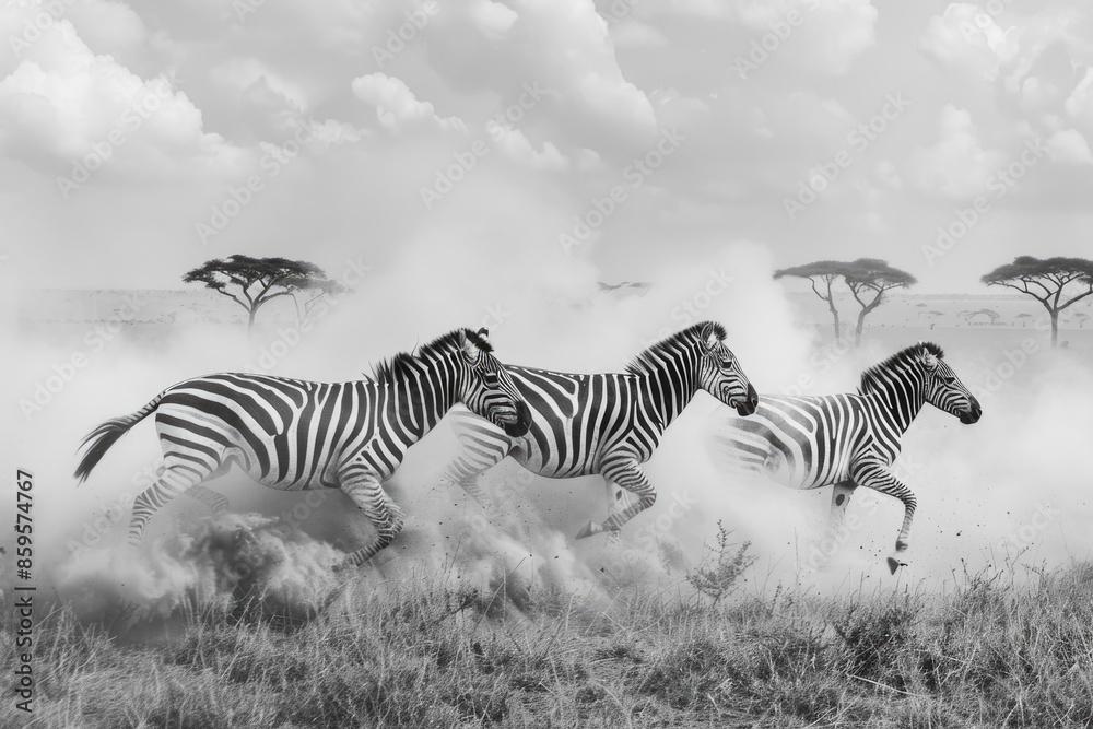Fototapeta premium A group of zebras runs across the savannah, dust rising from their hooves