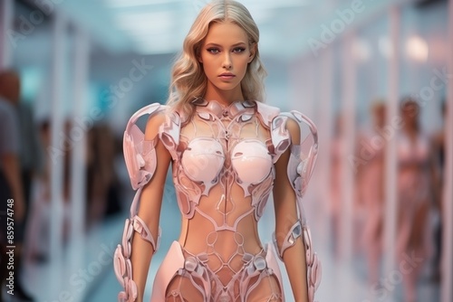 A model walks gracefully down the runway, wearing a futuristic, translucent outfit, featuring intricate design elements that highlight advanced fashion and modern aesthetics. photo