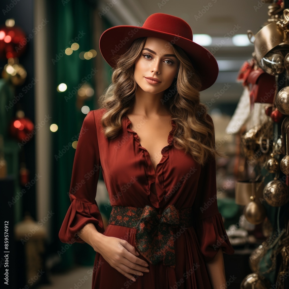 A model in an elegant red gown stands amidst a Christmas-themed store, showcasing refined fashion and holiday decoration with a background of festive lights and ornaments. A model in an elegant red gown stands amidst a Christmas-themed store, showcasing refined fashion and holiday decoration with a background of festive lights and ornaments.