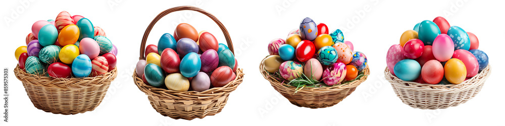 Collection of easter baskets filled with colorful eggs isolated on transparent background Collection of easter baskets filled with colorful eggs isolated on transparent background