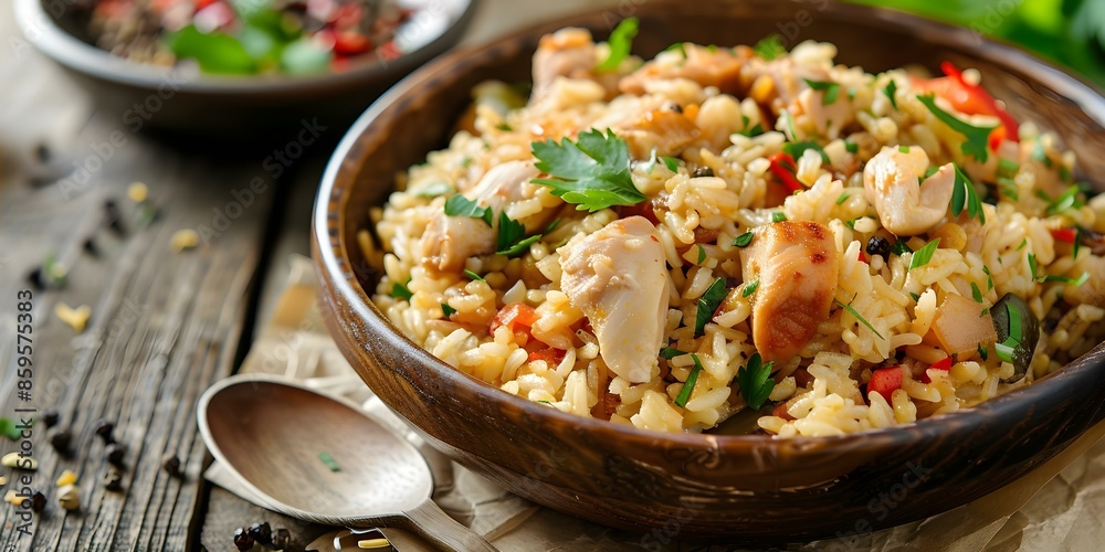 Delicious Chicken Fricassee Rice Dish Captured in Stunning Food Photography. Concept Food Photography, Chicken Fricassee, Rice Dish, Delicious, Ingredients Delicious Chicken Fricassee Rice Dish Captured in Stunning Food Photography. Concept Food Photography, Chicken Fricassee, Rice Dish, Delicious, Ingredients