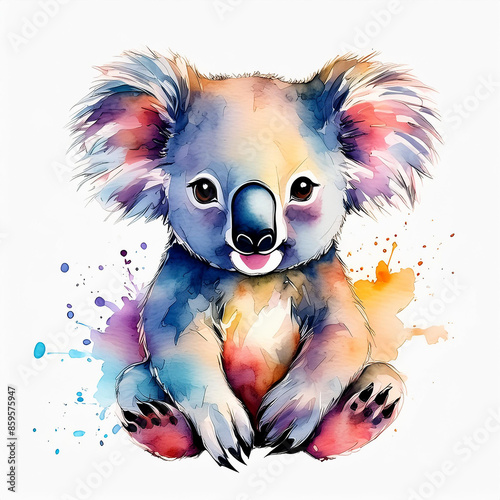 Adorable childish watercolor illustration of baby koala isolated on white. Cute animal. Wildlife photo