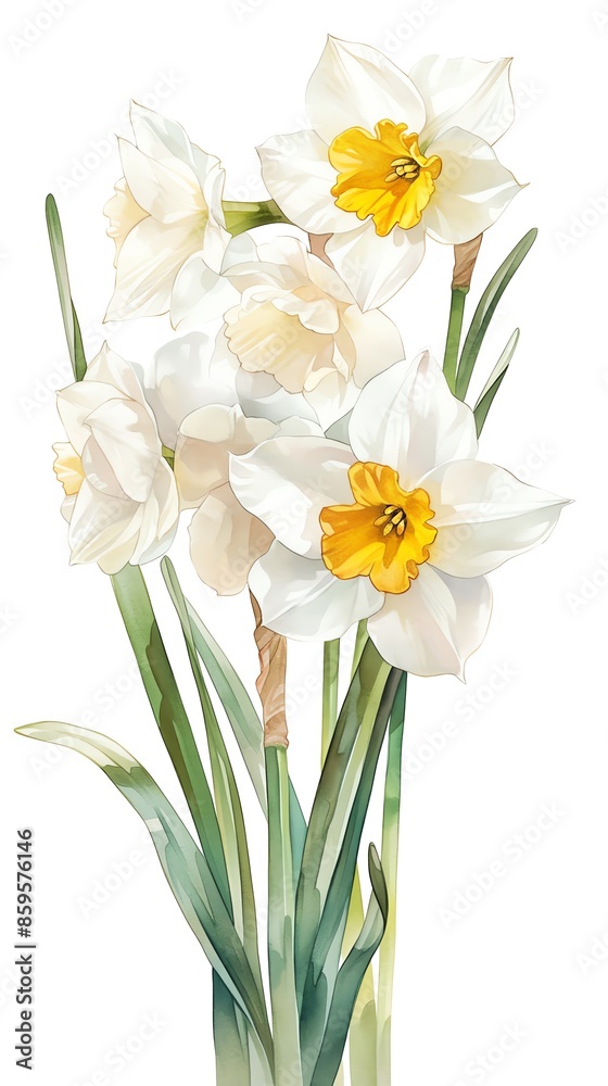 Beautiful digital watercolor illustration of white daffodils with yellow centers, perfect for springtime and floral themed artwork. Beautiful digital watercolor illustration of white daffodils with yellow centers, perfect for springtime and floral themed artwork.