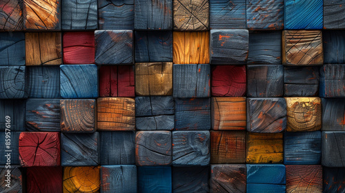 3d wooden square cubes wall background. Wallpaper of natural timber blocks stack. AI generated