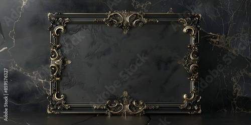 AI-generated 3D mockup showcasing an ornate black and gold frame. Concept 3D Modeling, Ornate Design, Black and Gold Frame, AI-generated, Mockup photo