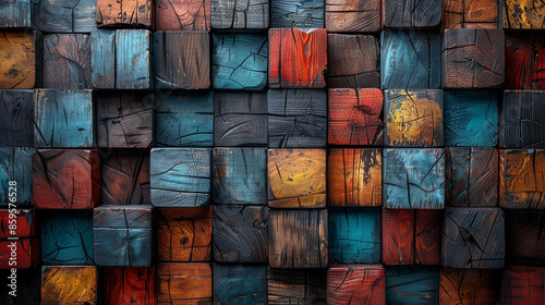 3d wooden square cubes wall background. Wallpaper of natural timber blocks stack. AI generated