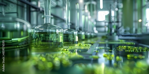 Green bioreactors converting algae into biofuel as a sustainable alternative to fossil fuels. Concept Biofuel Production, Green Technology, Renewable Energy, Algae Cultivation, Sustainable Solutions photo