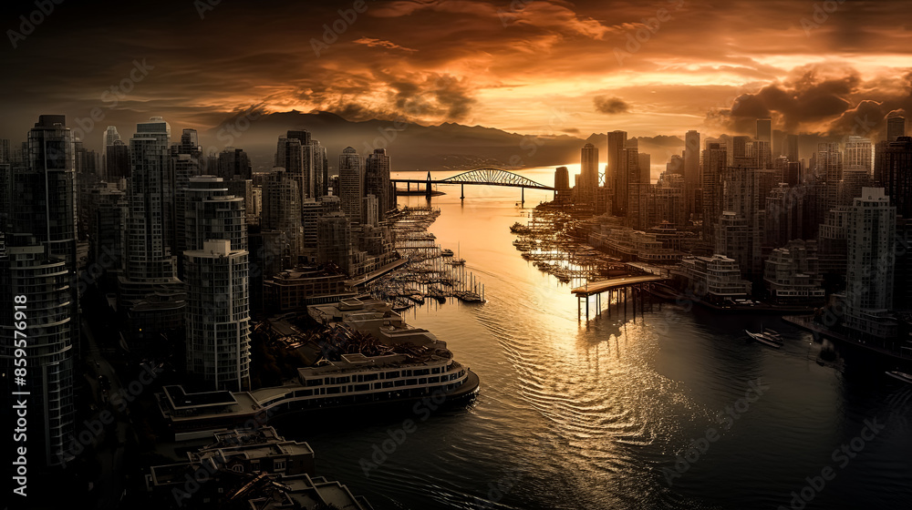 Fototapeta premium A city skyline with a boat in the water.