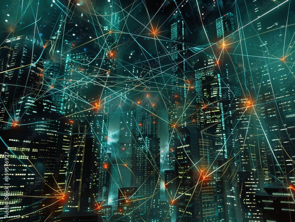 Obraz premium Cityscape Interconnected Through Digital Data Lines - Urban Cyber Network Connection Concept